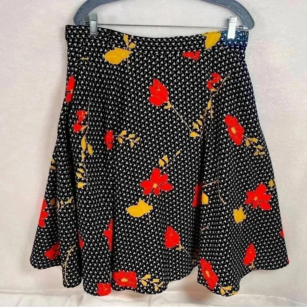 ModCloth A Line Midi Skirt Womens XL Black Floral Geometric Pockets